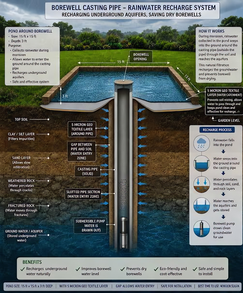 Borewell casing-pipe recharge system.