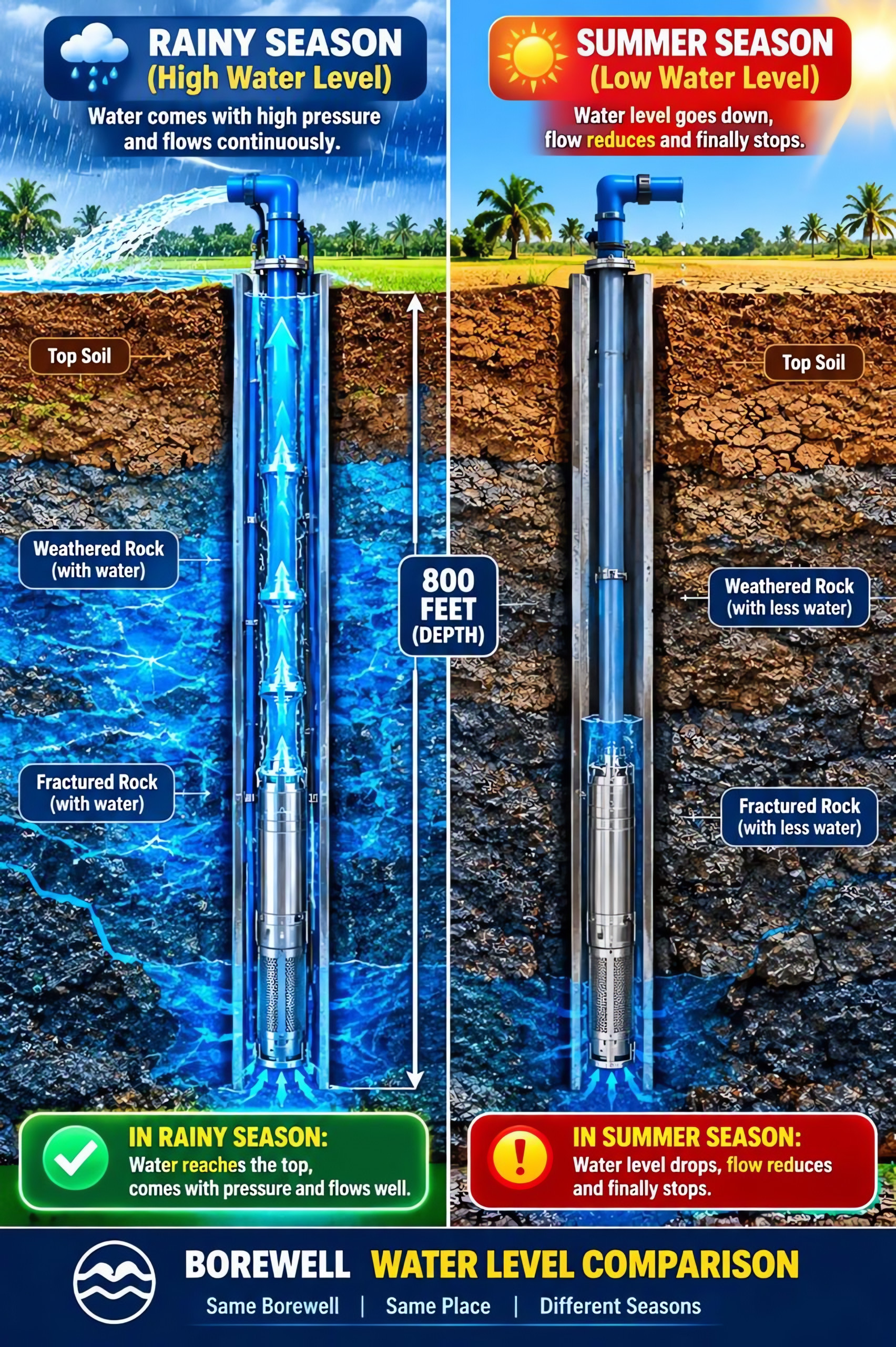 Borewell water level – rainy vs summer season