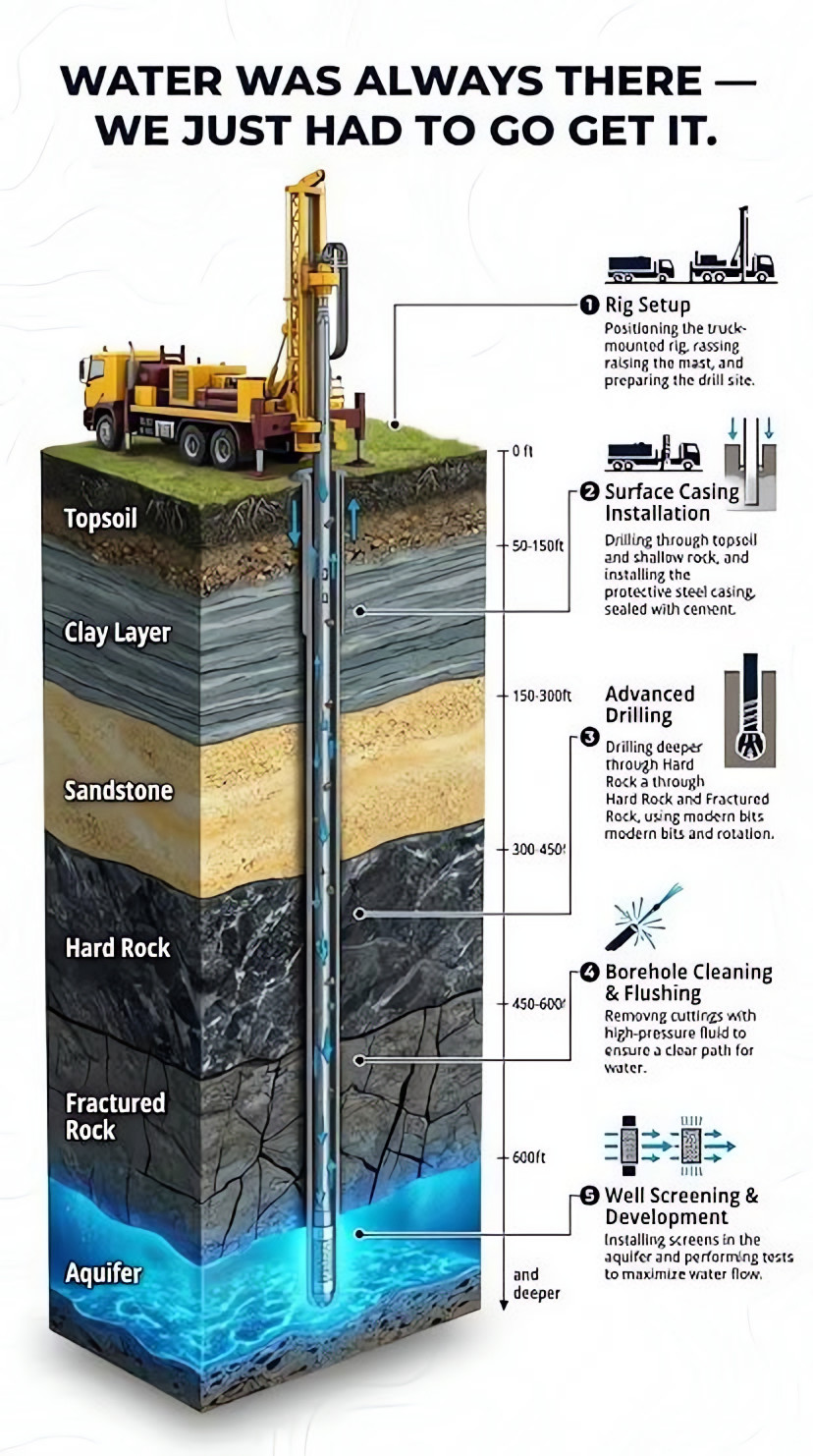 Borewell drilling stages – rig set-up, surface casing, drilling, cleaning and well development.
