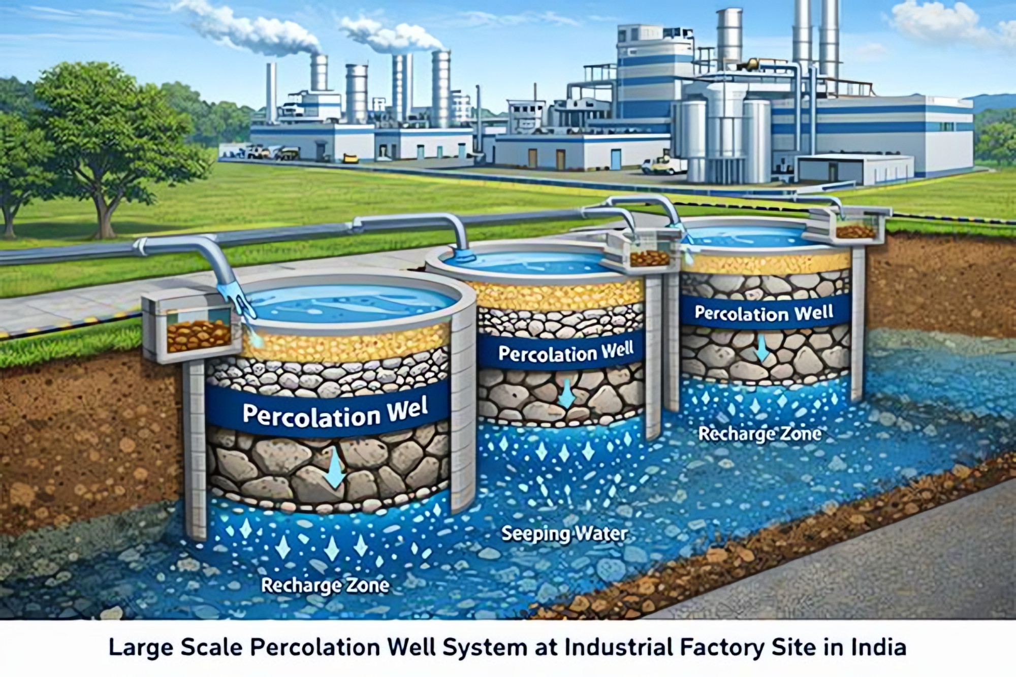 Large-scale percolation well system at an industrial site.