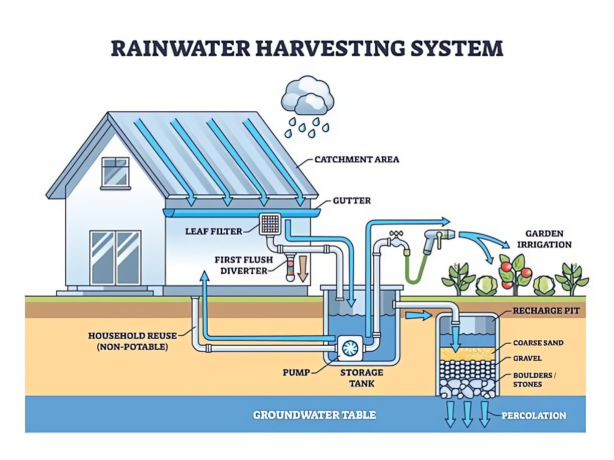 Rooftop rainwater harvesting – catchment, first-flush, storage and recharge.