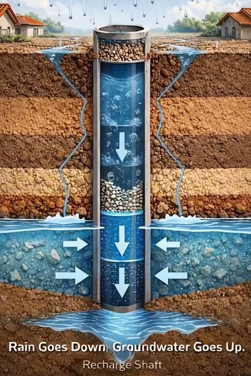 Recharge shaft – rain goes down, groundwater goes up.