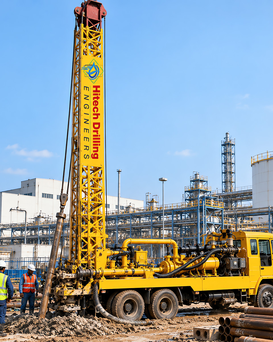 Hitech Drilling Engineers rig and crew at an industrial plant